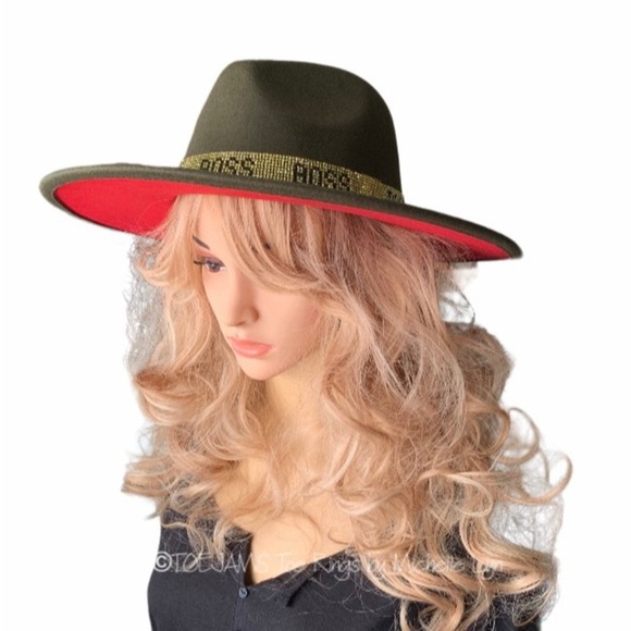 HAT Red Underside Brim/Gold Sparkle BOSS Band Olive Hat 2 Color Hat Fedora main image 7